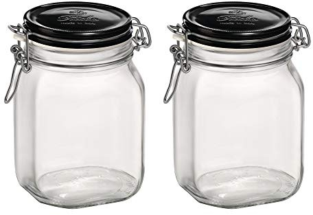 1L Clamp Lid Storage Jars With Air Tight Seal Coloured Lid Set (2 Jars, Black Lid)