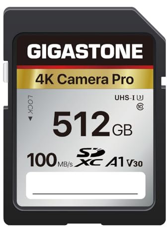 Gigastone - Tarjeta de Memoria SDXC de 512 GB, 4K Cámara Pro Serie, Velocidad de Transferencia de hasta 100 MB/s. Compatible con cámara Canon Nikon Sony Videocámara, A1 V30 UHS-I Clase 10 para 4K UHD