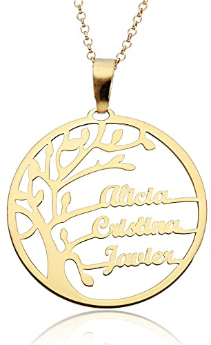 doble aro - Collar Árbol de la Vida para Mujer Plata de Ley - Colgante Regalo para Madres y Abuelas con Nombres de su Familia - Cadena de 45 cm + Alargador (Gades hasta 8 nombres oro, Plata de Ley)