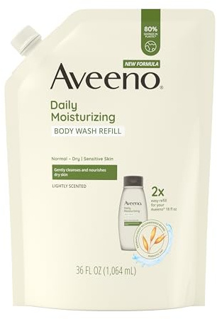 Aveeno Daily Moisturizing Body Wash for Sensitive Skin + Prebiotic Oat, Gently Cleanses, Nourishes & Feels Moisturizing Dry Skin, Light Fragrance, Refill Pouch, 36 fl. oz