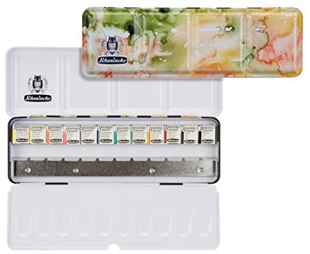 Schmincke – Akademie® Aquarell bedruckter Farbkasten, 12 x 1/2 Näpfchen + Platz für weitere 12 Näpfchen, 75 770 097, Metallkasten, feine Künstler-Aquarellfarben