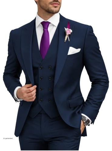 Wangyue 3 Piece Suit Slim Fit Double Breasted Mens Suits for Wedding Party Formal Prom One Button Blazer Vest Pants Sets, Navy, L