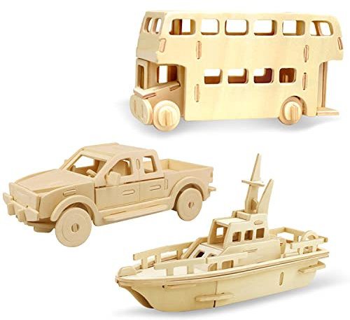 Georgie Porgy Kids Toys Construction Woodcraft Kits Wooden Model Puzzle Kits Pack of 3 Jigsaw (London Bus Truck Yacht)