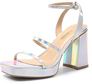 DREAM PAIRS Sandali da donna con plateau e cinturino alla caviglia, punta aperta, per feste, Y2K, Lucido/Argento, 40 EU