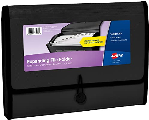 Avery Expanding File Folder Organizer, 13-Pocket Accordion File Organizer, Black, Holds 425 Letter/A4-Size Sheets (73553)
