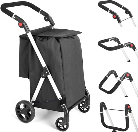 LEUYA ABC Einkaufstrolley, 46L Trolly Einkaufswagen Klappbar, 4 Rädern Aluminium Leichtgewicht Einkaufstrolley, mit Isolierter Kühltasche, Stabil und Leicht zu Verstauen Einkaufswagen (Schwarz)