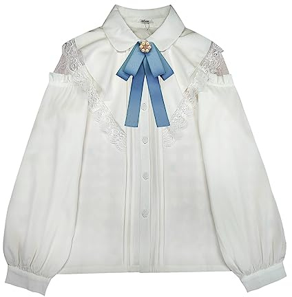 Cuteighteen Fancy Lolita Chemisier à manches longues pour femme Mignon élégant à volants habillé décontracté en dentelle avec nœud, blanc, Taille Unique