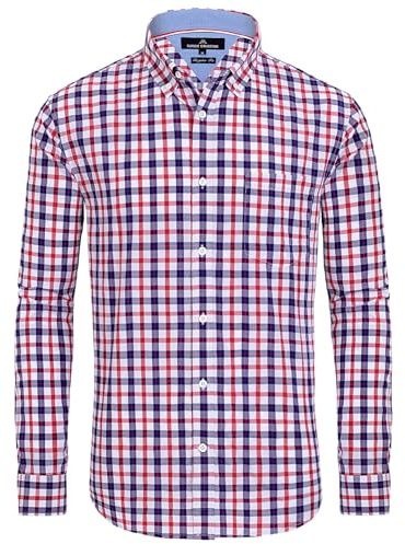Alimens & Gentle Men's Long Sleeve Button Down Shirts Cotton Plaid Dress Shirts Regular Fit Casual Poplin Shirts Red
