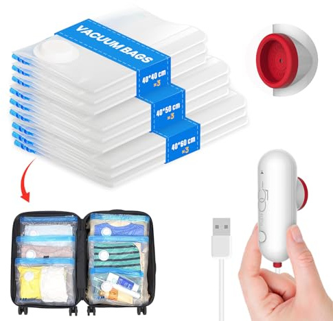 Vacbird Sac sous Vide Vêtements avec Pompe USB, 9 Sac de Rangement sous Vide (3X 40x40cm, 3X 40x50cm, 3X 40x60cm), Réutilisables et Portables, Idéal pour Rangement Vêtements et Voyages
