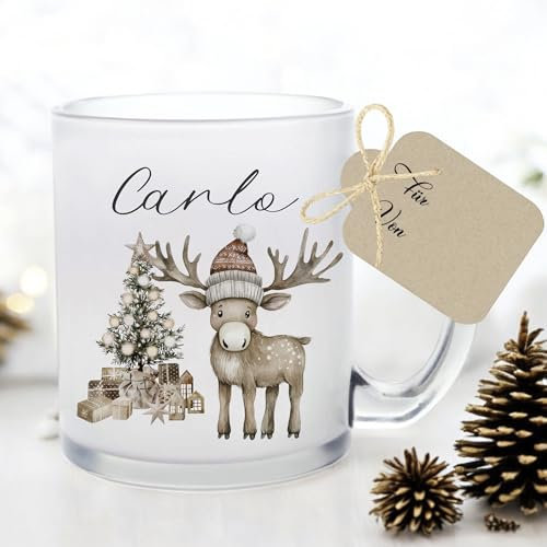 Manufaktur Liebevoll I Tasse Weihnachten Glastasse Glühweintasse mit Namen Weihnachtstasse personalisiert Tasse Nikolaus Weihnachtsgeschenke Kinder Glühwein Frauen Männer Mädchen Junge Elch (Carlo)