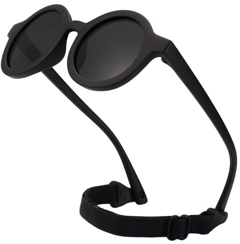 CIKJUK Baby Sonnenbrille 0-36 Monate Polarisierte mit Verstellbarem Riemen Rund Weicher für Kleinkinder Sonnenbrille Baby 0-3 Jahre UV Schutz-Schwarz/Schwarz