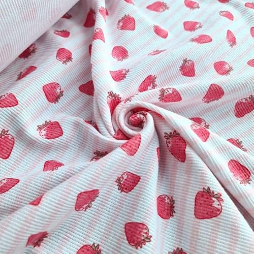 PAWOTEX Ripp jersey Rippjersey Stoff Meterware Rib Jersey Bedruckt Erdbeeren Ribstrick Elastische Gerippter Jerseystoff Ökotex baumwollstoff für Bekleidung Kinder, Mädchen Tops Mützen Schals 100x50cm