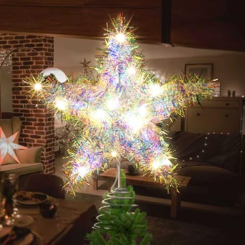 Étoile sommitale élégante pour Sapin de Noël (25x30cm) – 20 LEDs lumière Chaude avec Fil Pet Scintillant et Structure en Fer, décoration de cime de Sapin (Multicolore)