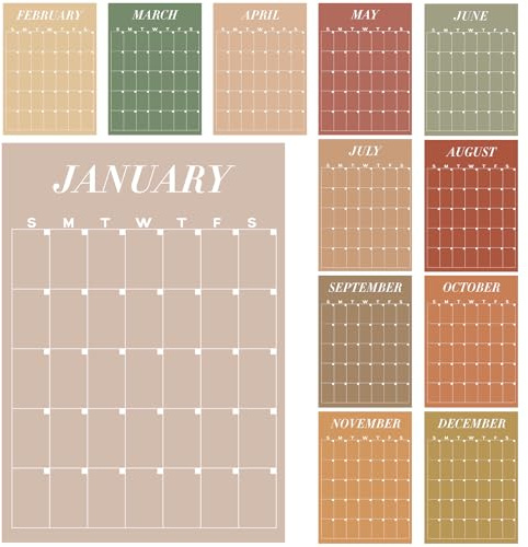 12 Pcs Rustic Undated Calendars 12‘'x16‘' Large Erasable Wall Calendar 12 Month Dry Ease Reusable Planning Colorful Yearly Blank Planner Reserved Grid for Office Home Educational Study Room