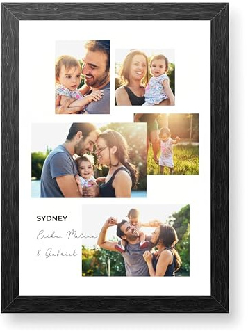 Made in Gift - Lámina Enmarcada - Lienzo Personalizado con Collage Fotos y Texto - Decoración Hogar - Tamaño A4 - Marco Incluido - Regalo para Parejas y Familia (Collage elegante)