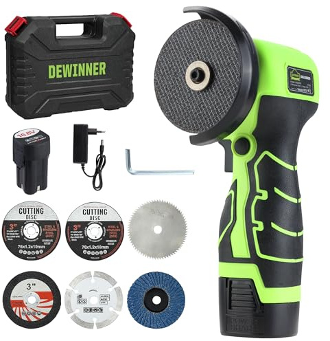 DEWINNER Smerigliatrice Angolare Senza Fili 19 500 RPM - Fresatrice 76mm, 2 Batterie 2000mAh, 6 Dischi di Taglio e Valigetta di Trasporto - Per Molatura, Lucidatura, Taglio