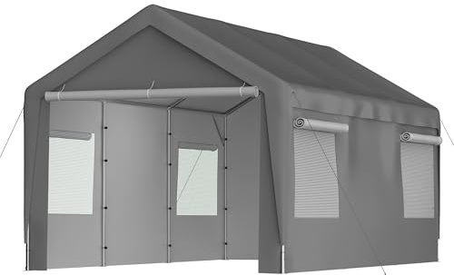 Carport tält 299 x 598 x 283 cm vinterbeständigt, förvaringstält med avtagbara sidoväggar och rullfönster, grått garagetält inklusive fundament, för bil, SUV och båt