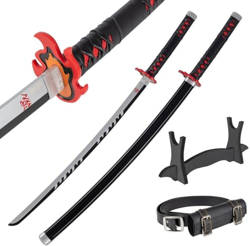 Katana Legno 77 cm con Cintura e Supporto - Damon Slayer Spada Ninja per Cosplay Anime e Costume Carnevale - Catana Giapponese Wakizashi Decorativo - Katane Giapponesi in Bambù (Non Affilata)