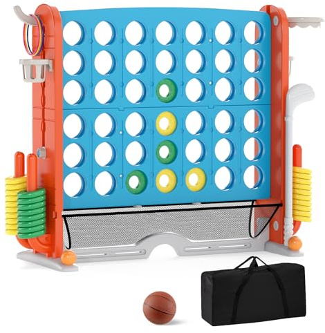 COSTWAY Juego Gigante 4 en Raya, 4 en 1 Juego de Conecta 4 Gigante con Lanzamiento de Aros, Aro de Baloncesto, Palo de Golf, Portavasos y Bolsa de Almacenamiento, 4 Alturas Ajustables (Azul)