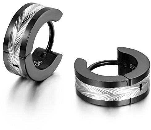 JewelryWe Schmuck Herren Ohrringe, Edelstahl, Glänzend Poliert Creolen Ohrstecker, Schwarz Silber