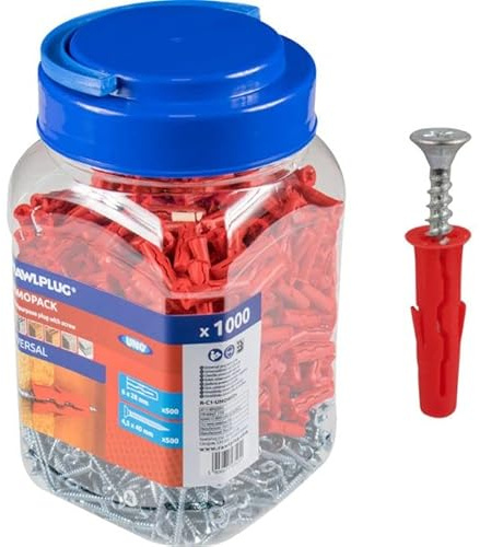 Rawlplug Uno Universal Screws and Wall Plugs Set 6 mm RED | Screws and Rawl Plugs for Plasterboard Masonry Brick Concrete | Solid Wall Plug Anti Rotation Features | Plasterboard Fixings Jar of 500