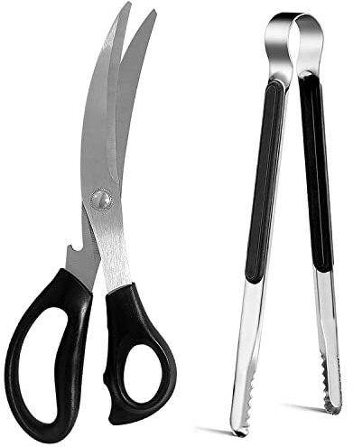 Kitchen Shears, Korean Barbecue Scissors and Tongs Set, Kitchen Scissors and Tongs for Cutting Meat, Chicken & Vegetables, Stainless Steel Multipurpose Non-slip Serrated Sharp BBQ Scissors BBQ Tongs