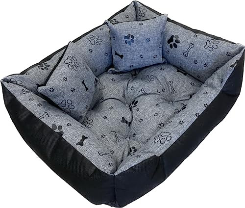 Dogs4Life Hundebett XXL | Hundebett groß Hunde | Hundebett mittelgroße Hunde | Hundebett kleine Hunde | Hundekissen | Outdoor Hundebett | Wasserabweisend | (L (115x95cm), Schwarze Pfoten)