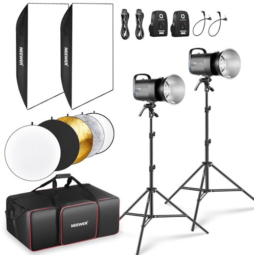 Neewer Kit de luz de Flash de Estudio de 800 WS: Paquete de 2 Luces estroboscópicas S101-400W Pro 5600K con Disparador de 2.4 G/lámparas de Modelado de 150 W/Montaje Bowens/Cajas de luz/Soportes