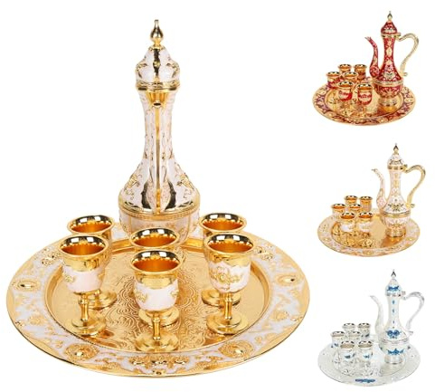 Théière Turque Vintage Avec 6 Tasses à Café, Ensemble De Cafetière Turque En Métal, Théière, Kit De Théière à Vin De Style Russe, Plateau à Thé, Théière Et Tasses à Thé Pour Cadeau(Blanc doré)