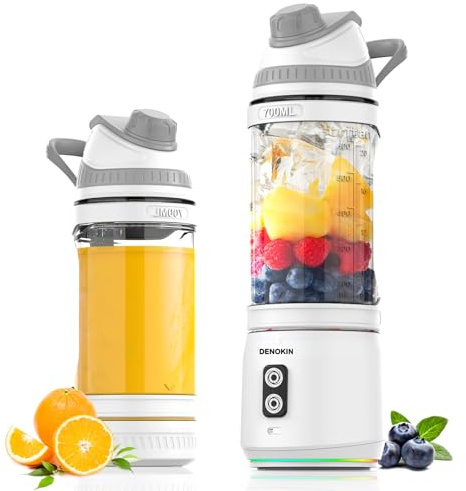 DENOKIN Tragbarer Mixer, 700ml Smoothie Maker to Go, Mini-Standmixer mit 6-Klingen Edelstahl, Wiederaufladbarem Typ-C Portable Blender mit Reisedeckel, BPA-freie, Blade-Reversal-Technologie