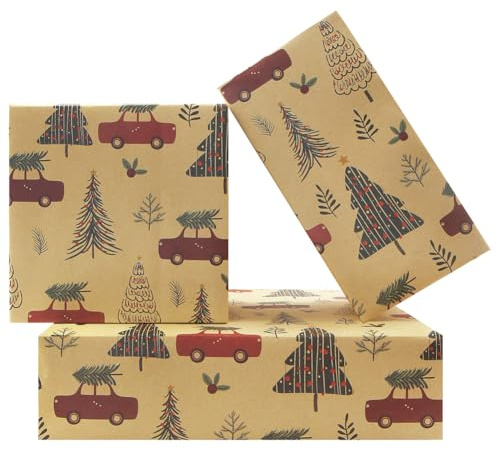 Julomslagspapper för barn pojkar flickor, jul röd lastbil bil och träd presentpapper, 4 ark vikta platt 50 x 70 cm julpapper för nyår jul vinter semester