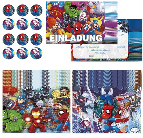 COQOYO Supereroe, biglietti di invito per il compleanno dei bambini, 12 pezzi, inviti per feste con buste colorate e adesivi rotondi, set di invito per bambini