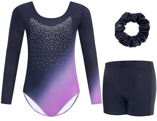 Gogokids Tredelad gymnastikdräkt för flickor, långärmad, med shorts och pannband, glänsande dansklänning med gradient färgdesign, för 3–12 år, 140(130-140 cm,9-10Y)