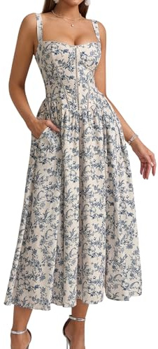 KUTUMAI Floral Corset Midi Dress Flowy Slit Summer Spring Wedding Guest Dresses for Women Sundress with Pockets BlueFloral M