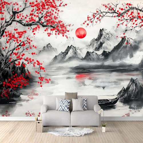 Fotomurale 3D Pintura De Paisaje Montañas Ciruela Roja 350 x 256 cm Papel Pintado Fotográfico, Decoración De la Pared Murales para Salón, Dormitorio, Habitación para Niños, Pared de TV