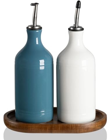 Sweejar Home Ceramic Olive Oil Dispenser Bottles with Tray, 460ML Oil Dispenser Set for Kitchen Counter, Opaque Oil Cruet for Storage Soy Sauce, Vinegar, Liquids, Pack of 2 (WhiteFogblue)