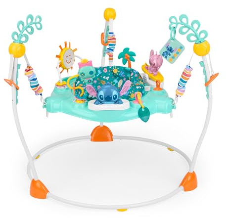 Bright Starts Disney Stitch Little Ohana Baby-Aktivitätshopser mit interaktiven Spielzeugen, Baby Bouncer Lichtern und Musik mit Stitch, Angel und Scrump, 6–12 Monate (blau)