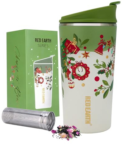 GiNT 17oz Christmas Tea Cup with Infuser and Lid - 4D Gold Foil Pattern (Bells & Holly), 316 Stainless Steel Double Wall Vacuum Insulated Travel Tea Mug, Leak-Free, for Commuting/Camping Gifts