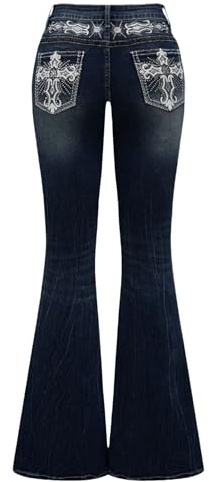TimeGofate Women's Flared Jeans Bell Bottom Jeans Embroidered Y2K High Waist Stretchy Denim Pants (US, Alpha, Large, Regular, Regular, Blue, Medium Stretch)