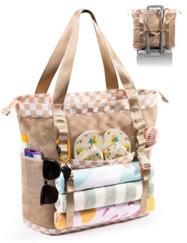 Elmklare 35L large Mesh Beach Tote Bag With Zipper for Women with 6 Pockets | Sandproof Pool Bag For Family Travel, Cruise, Swim, Vacation Essentials