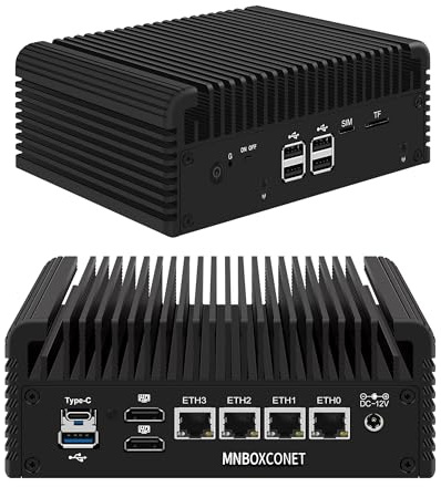 MNBOXCONET Fanless Mini PC N95 Firewall Appliance, 4 x 2.5Gbe LAN, Barebone No Ram No SSD, Router/Home Computer Hardware Office, SD SIM Card Slot, 5USB, Triple Display