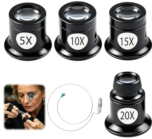 4 st Smyckesförstoringsglas 5 X 10X 15X 20X förstoringsglas Xurmakare med trådhållare | Monokulära klockkit smyckesförstoringsglas för klockreparation, smycken, myntdelar och exakta detaljer