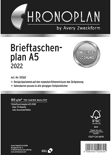 Chronoplan 50262 kalenderinlägg 2022, plånbok i A5-format (156 x 210 mm), ersättningskalendarium, universell allokning för upphängning i A5-ringmekanik (15 månader, 1 månad på 2 sidor), vit