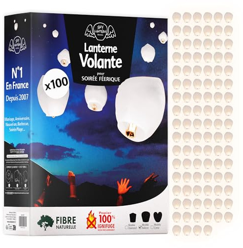 SKYLANTERN® 100x Lanterne Volante Chinoise 100% Biodégradable Blanche – Lot de 100 Lampions en Papier Écologiques 100x60 cm – Idéal pour Mariage, Fêtes, Nouvel an Chinois 2025, Noël, Anniversaires