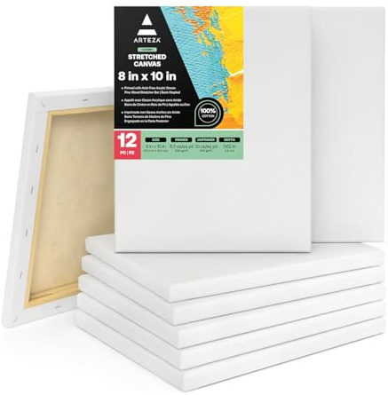 Arteza 20 x 25 cm (8x10) Stretched White Blank Canvas, Bulk Pack of 12, Primed, 100% Cotton for Painting, Acrylic Pouring, Oil Paint & Wet Art Media, Art Supplies for Artists & Beginners