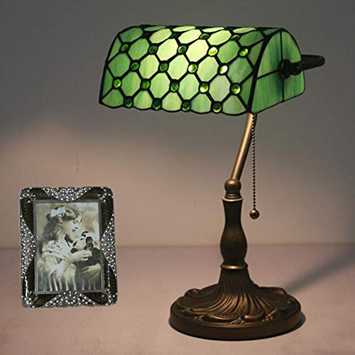 Siunwdiy Lampe Bureau Banquier Lampe De Table Tiffany E27 Verre Teinté Vintage avec Abat-Jour en Verre Et Base Alliage Zinc pour Bureau Ou Maison,Vert