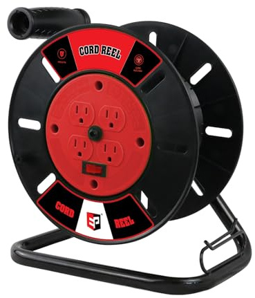 EP Extension Cord Storage Reel with 4-Grounded Outlets, Heavy Duty Open Cord Reel for 12/3 14/3 16/3 Power Cords, Portable Empty Hand Crank Electric Cord Roller Holder, Red