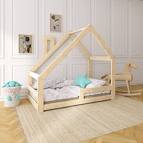 Need Sleep Kinderbett Kinder Hausbett 90x180 Bodentief mit Rausfallschutz Lattenrost Schornstein Kleinkind Bodenbett Haus ab 2 Jahre Montessori Bett aus Holz Mädchen Junge Asymmetrisch