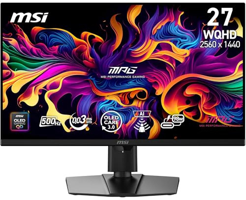 MSI MPG 271QR QD-OLED X50 Gaming Monitor 27 Zoll WQHD – Quantum Dot OLED 2560 x 1440, 500 Hz / 0,03 ms, DisplayHDR True Black 500, AI Care Sensor, HDMI 2.1, DP 2.1a, USB C (98 W PD), Schwarz