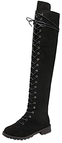 ZYUEER Bottes Cuissardes Femme a Lacets Daim Escarpins Plates Bottes Hautes Casual Chaussure Fille High Boots Extérieur Simple élégant